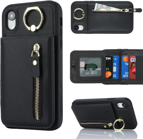 Vista 2 de Funda para iPhone XR Teléfono Cartera para Mujer, Funda para iPhone XR Teléfono con Tarjetero con Tarjeta de Crédito con Anillo Kickstand Cremallera