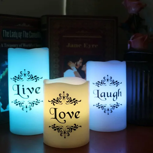 Vista 5 de Velas LED sin llama que cambian de color con control remoto de 18 teclas y temporizador, calcomanías de Live Love Laugh que funcionan