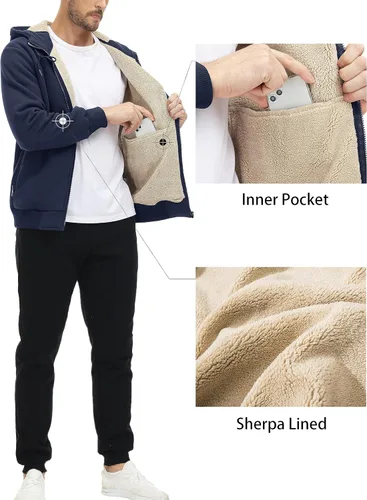 Vista 5 de MAGCOMSEN Chaqueta de forro polar con capucha para hombre, con cremallera completa, cálida, mullida, resistente al viento, abrigos de invierno
