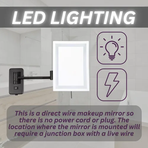 Vista 9 de JERDON Espejo de maquillaje rectangular para montaje en pared con aumento 5X, espejo de maquillaje de alambre directo con luces LED, negro mate