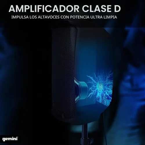 Vista 5 de Gemini Altavoz PA Bluetooth de 8" 500W con enlace TWS, USB/SD/FM, entradas XLR/RCA/AUX, canales de micrófono y guitarra, altavoz DJ compacto