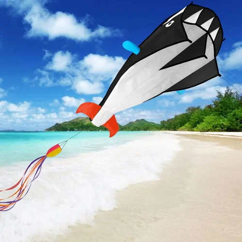 Vista 2 de Cometa grande azul delfín, parafoil suave sin marco, cometa gigante 3D IMAGE Breeze Beach Kites para exteriores, playa