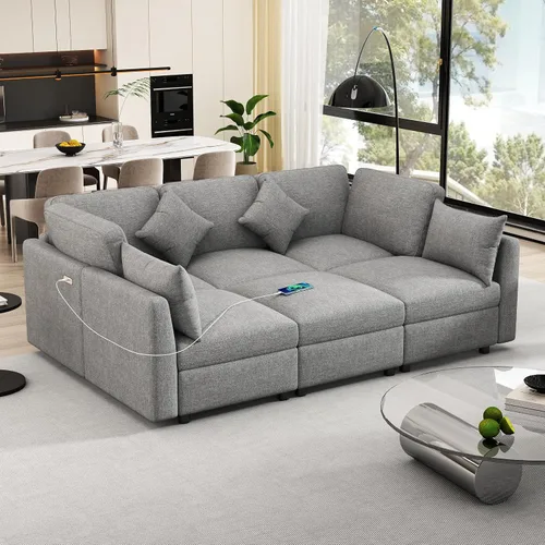Vista 10 de Sofá modular en forma de U de 86.6 pulgadas, sofá cama en forma de L con una otomana móvil y dos puertos USB para sala de estar (beige)