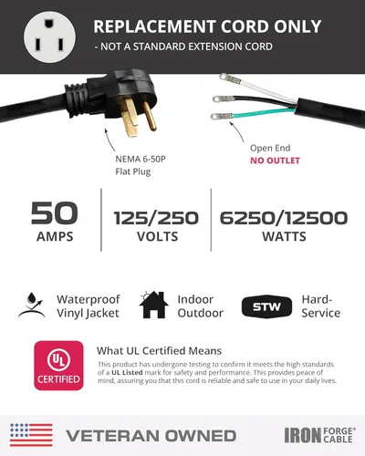 Vista 2 de Iron Forge Cable Soldador y cargador EV, 3 pies - NEMA 6-50, 50 amperios Cable 6/3, extremo abierto (sin enchufe), 50 amperios - para soldadores