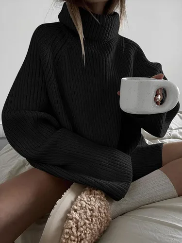 Vista 3 de LILLUSORY Suéter grueso de gran tamaño con cuello alto para mujer, suéter largo de punto de cachemira, suéter de otoño a la moda 2024