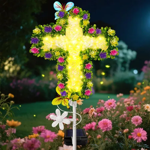 Vista 10 de YJFWAL Luz Solar de Estaca de Jardín con Cruz de Cristal, Decoraciones de Cementerio para Luces Exteriores de Tumba, Regalos Conmemorativos