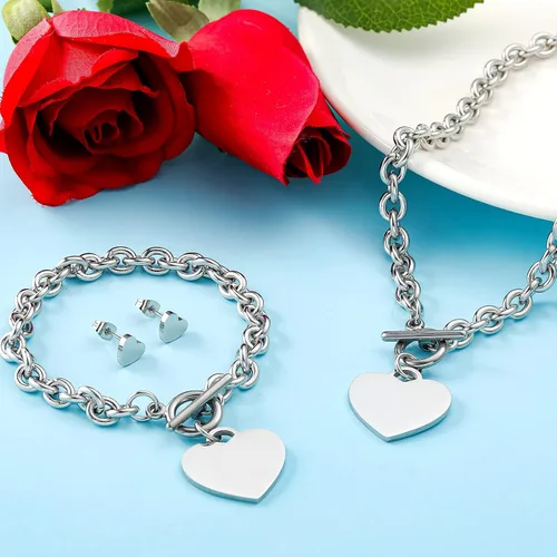 Vista 7 de Juego de 3 piezas de joyería de corazón, collar con dije de corazón, collar de cadena de corazón, pulsera de corazón, aretes de tuerca de acero
