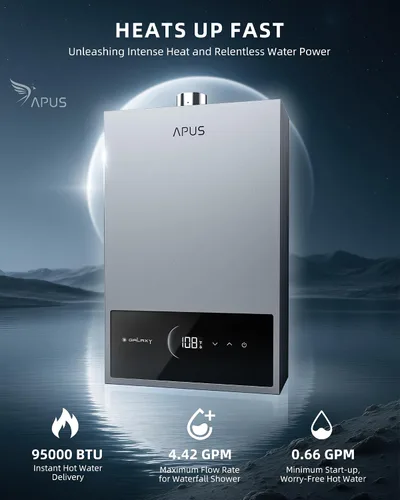 Vista 2 de APUS Calentador de agua sin tanque de gas natural, hasta 4.42 GPM, calentador de agua sin tanque para interiores, 95,000 BTU bajo demanda