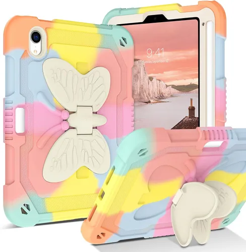 Vista 10 de DUEDUE Funda para iPad mini 7 (A17 Pro) 2024, iPad mini 6 2021, alas de mariposa con soporte para lápiz, funda protectora a prueba de golpes