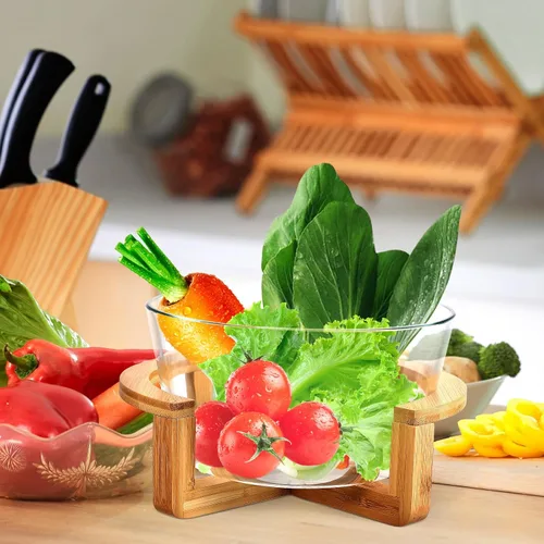 Vista 9 de Ensaladera grande de vidrio con base de madera, 84.5 fl oz, resistente al calor, para frutas, aperitivos, postres, microondas y lavavajillas, ideal