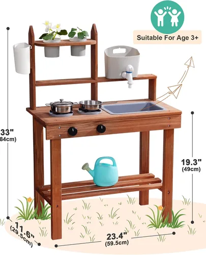 Vista 2 de ROBUD Cocina de barro para niños al aire libre, cocina de madera al aire libre, cocina de barro para niños con fregadero y grifo extraíbles
