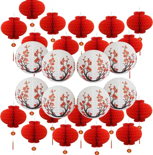 Vista 10 de Hoypeyfiy Paquete de 10 linternas de papel de flor de cerezo, 12 pulgadas, linternas japonesas Sakura rojas y blancas, linternas de papel redondas