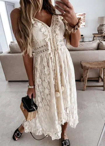 Vista 2 de Vestido de verano para mujer, cuello en V, tirantes delgados, sin mangas, cintura alta, bohemio, para boda, playa, casual, maxivestidos largos
