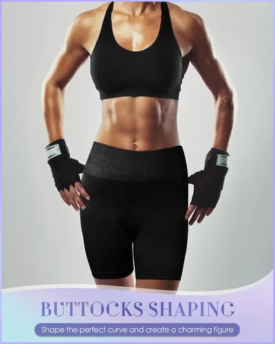 Vista 6 de Xtinmee Pantalones cortos de entrenamiento para mujer, de cintura alta, para gimnasio, levantamiento de glúteos, pantalones cortos de yoga sin