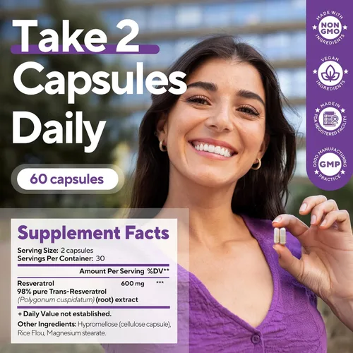 Vista 5 de VitaUp Suplemento de trans-resveratrol – 98% pureza en cápsulas de resveratrol fabricadas en Estados Unidos 600 mg – estandarizado al 98%