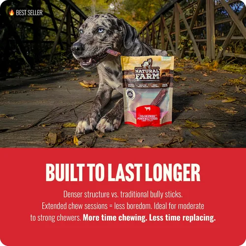 Vista 3 de Natural Farm - Palitos masticables Power Bully para perros (2-3”, bolsa de 1 libra), masticables 2 en 1: Mejillas de res premium envueltas en pizzle