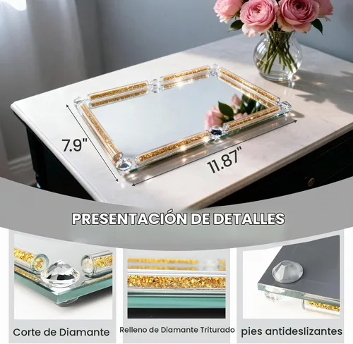 Vista 2 de Bandeja de cristal dorado, 11.8 x 7.9 pulgadas, bandeja decorativa de cristal para exhibición de perfumes cosméticos para una hermosa encimera