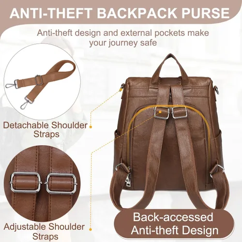 Vista 4 de VASCHY - Mochila para mujer, de piel sintética, moderna, antirrobo, mochila para mujer, con tejido clásico., Marrón), VAAU061BR