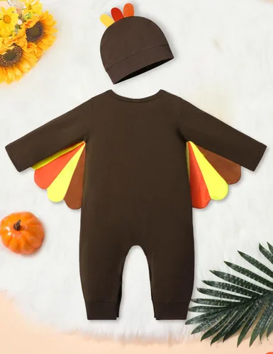 Vista 5 de NAPU My First Thanksgiving Baby Boy Outfit Cute Turkey Romper Long Sleeve One Piece Jumpsuit Hat 2Pc Baby Thanksgiving Outfit Mi primer día