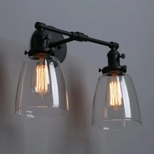 Vista 9 de Phansthy Apliques de pared industriales retro de 2 luces, lámpara de tocador de baño, lámpara de pared con doble pantalla de vidrio transparente
