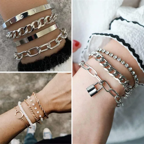 Vista 4 de IFKM 36 PCS Silver Plated Jewelry Set with 3 PCS Necklace 12 PCS Bracelet 7 PCS Ear Cuffs Earring 14 Pcs Knuckle Rings for Women Girls Valentine