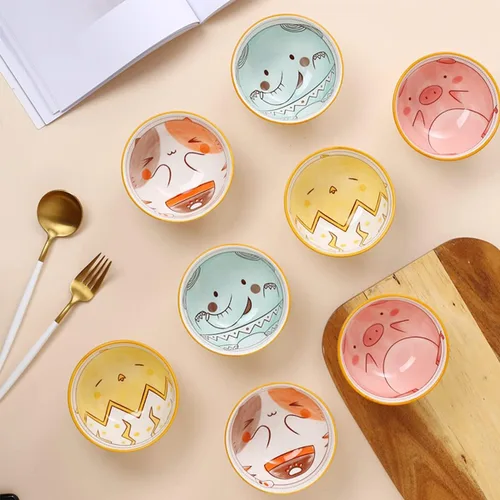 Vista 6 de Juego de 4 cuencos de cerámica pintados a mano con patrón de dibujos animados con caja de regalo, ideal para cereales, ensaladas, arroz, pasta