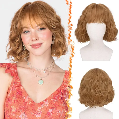 Vista 8 de BARSDAR Peluca corta ondulada con reflejos castaño, peluca corta ondulada con flequillo para mujer, gruesa, suave, sintética, texturizada, rizada
