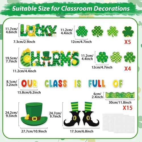 Vista 2 de gisgfim Juego de decoración de tablón de anuncios del día de San Patricio, recortes de bordes de trébol de la suerte para fiestas, escuela, aula