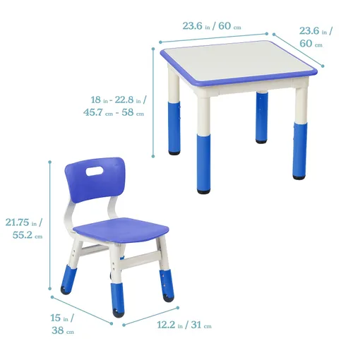 Vista 2 de ECR4Kids Mesa de actividades cuadrada de borrado en seco con 2 sillas, ajustable, muebles para niños, azul, 3 piezas