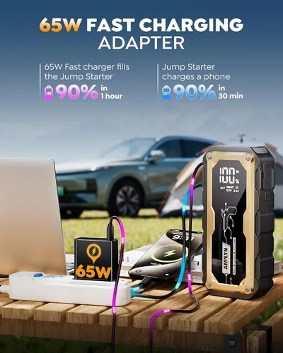 Vista 6 de Arrancador de salto de 5000 A, 24000 mAh portátil con cargador rápido de 65 W, batería de 12 V para automóvil, pantalla LED, motor diesel