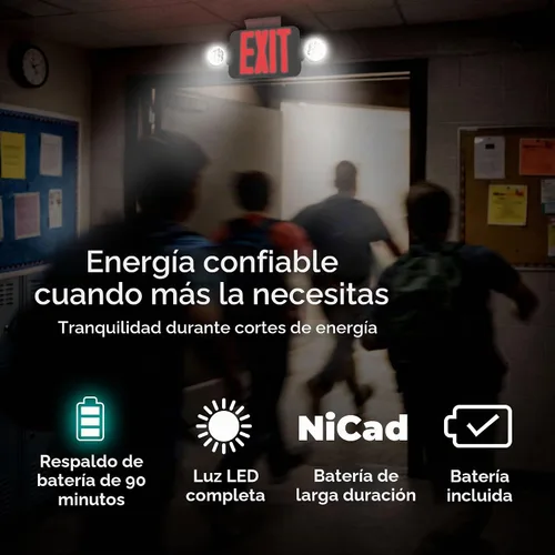 Vista 5 de LFI Lights® - Señal de salida roja combinada con luces de emergencia Carcasa blanca Todos los LED Dos cabezales redondos ajustables cableado