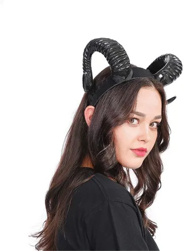 Vista 5 de Qhome - Diadema gótica de cuerno de oveja punk, diseño de animales del bosque, fotografía, cosplay, accesorios para fotos steampunk