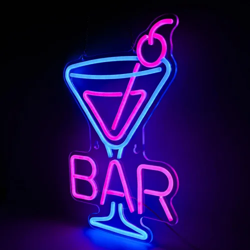 Vista 2 de Letrero de neón para bar de cócteles – Luz de barra LED de vidrio de Martini, arte de pared retro para el hogar, decoración de bar regulable