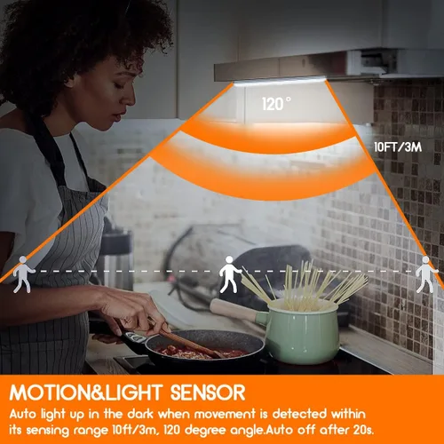 Vista 9 de Paquete de 6 luces LED con sensor de movimiento, 10 luces LED para armario, funciona con pilas, barra de luz nocturna magnética adhesiva