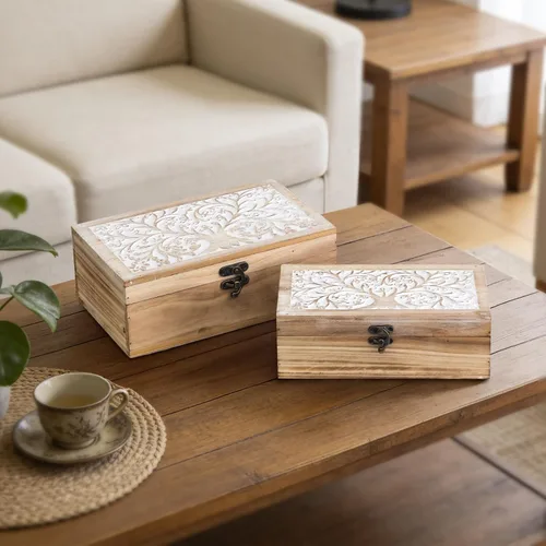 Vista 9 de 2 cajas de recuerdo de madera tallada con tapa con árbol de la vida, cajas de almacenamiento decorativas para decoración del hogar, caja