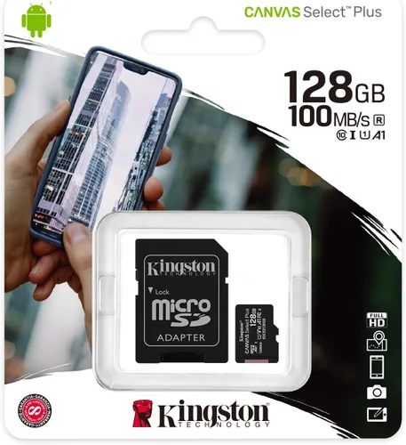 Vista 3 de Kingston Tarjeta microSDXC Canvas Select Plus de 128 GB Hasta 100 MB/s A1 Clase 10 UHS-I con adaptador SDCS2/128GB