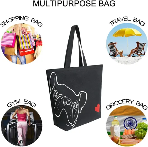 Vista 8 de ALAZA - Linda bolsa de lona grande con diseño de bulldog pug negro francés, reutilizable, para compras, con asas, resistente, lavable Multi 13