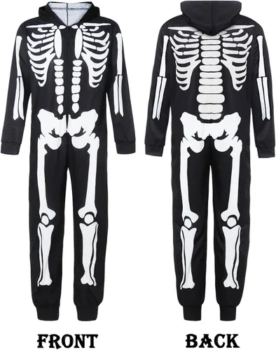 Vista 4 de CYCLAMEN Disfraz de Halloween para adultos, parejas, esqueleto de calabaza, enterizo con capucha, para mujeres, hombres, familia