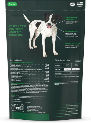 Vista 10 de VetriScience Masticables dentales de boca saludable, palitos Perio Plus para perros, con probióticos, espirulina y zeolitas, refrescante el aliento