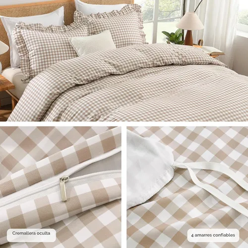 Vista 6 de Andency - Funda de edredón Gingham tamaño Queen, funda de edredón de estilo granjero con volantes en color marrón claro y estilo shabby chic, juego