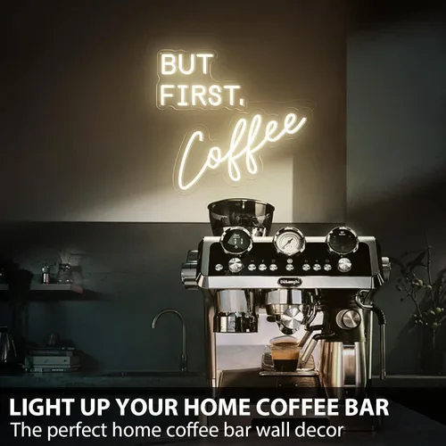 Vista 4 de Letrero de neón "But First Coffee" para decoración de pared, de 17 * 16 pulgadas, LED blanco cálido regulable con adaptador de corriente de 12V