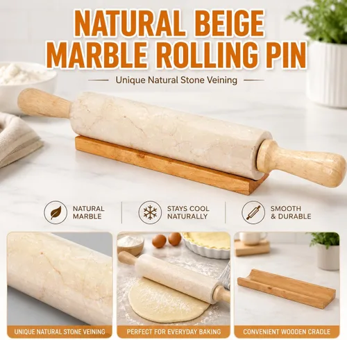 Vista 7 de Creative Home Rodillo de mármol de 18 pulgadas con asas de madera y cuna, se mantiene fresco de forma natural, piedra duradera para un control