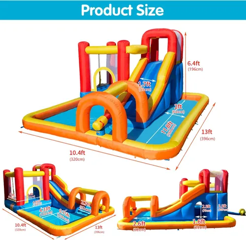Vista 6 de Baralir Parque acuático inflable con tobogán acuático largo y piscina grande para 5 niños, diversión infinita de saltos, deslizamientos, escalada