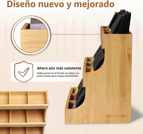 Vista 4 de Theodore Organizador vertical de té de bambú, capacidad para 180 bolsas de té, caja compacta de almacenamiento de té de madera para el hogar