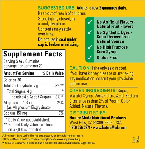 Vista 8 de Nature Made Gomitas de glicinato de magnesio de alta absorción 100 mg por porción, soporte muscular, nervio, hueso y corazón, suplemento