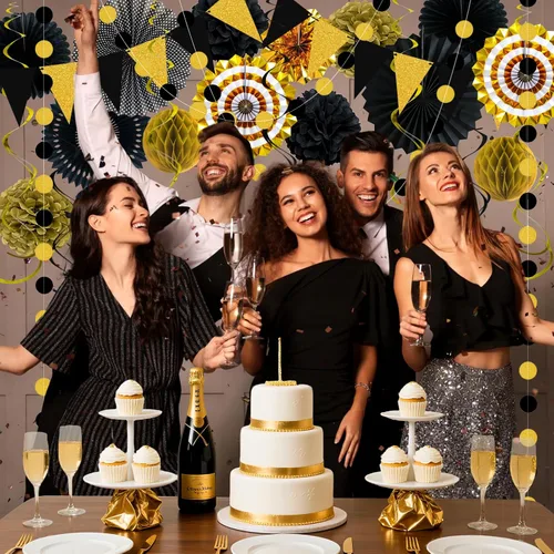 Vista 6 de 24 decoraciones de fiesta negras y doradas, abanicos de papel, guirnaldas de pompones de panal, suministros colgantes reutilizables para graduación