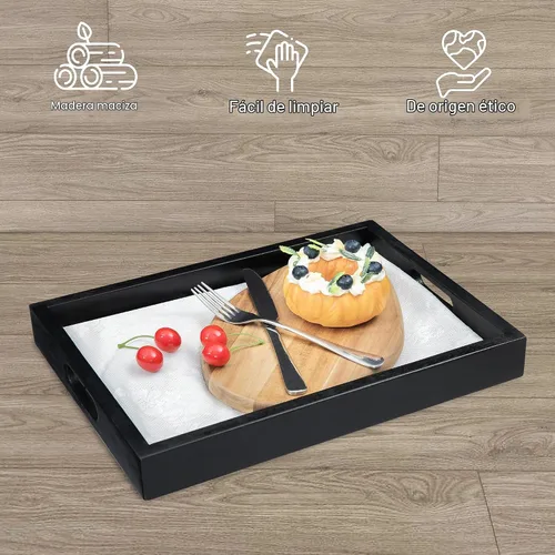 Vista 9 de Bandeja rectangular de madera de acacia negra con asas, juego de 2 (15 x 11 pulgadas y 13 x 10 pulgadas), bandeja grande para otomana, desayuno