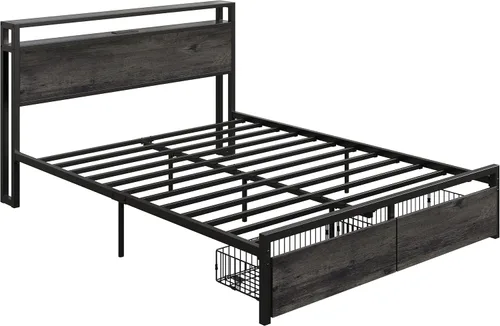 Vista 6 de LIKIMIO Base de cama Queen con cabecero, 2 cajones y estación de carga Gris carbón