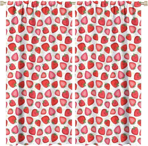 Vista 31 de Cortinas bohemias con diseño de fresas, bonitas cortinas bohemias con bolsillo para barra de fruta, tratamiento de ventana para cocina, sala