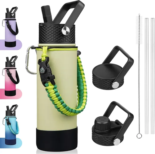 Vista 22 de BJPKPK - Botella de agua con tapa de popote, botellas de agua aisladas de 18 onzas con 3 tapas, asa de cuerda de paracaídas y base antideslizante